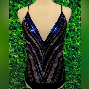 Express Sequin Deep V-Neck Camisole Top Blue and Black Bodysuit Sz L